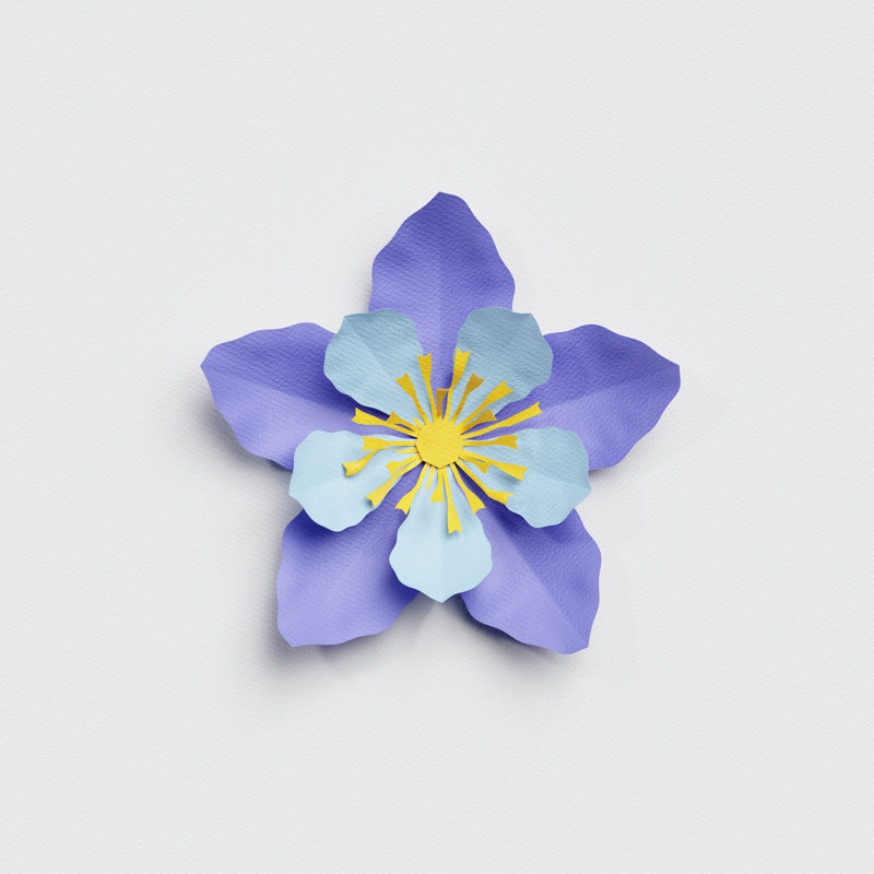 3D Render, Paper Cut Decor, Blue Flower, Isolated Botanical Clip Art Element - Wrapped Canvas Print