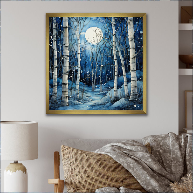 Birch Woods Mystic Moonlight I - reproduction sur toile, H 16 po x l 16 po x P 1 po, Cadre doré simple