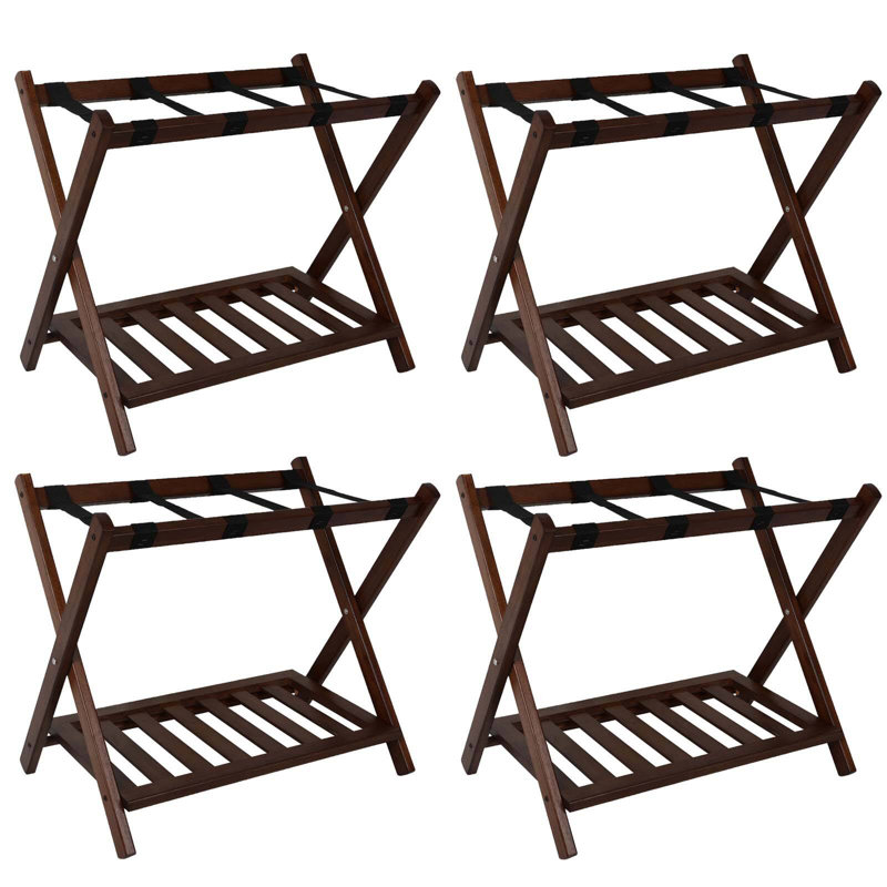 Porte-bagages pliable en bois avec tablette, Brun, Ensemble de 4