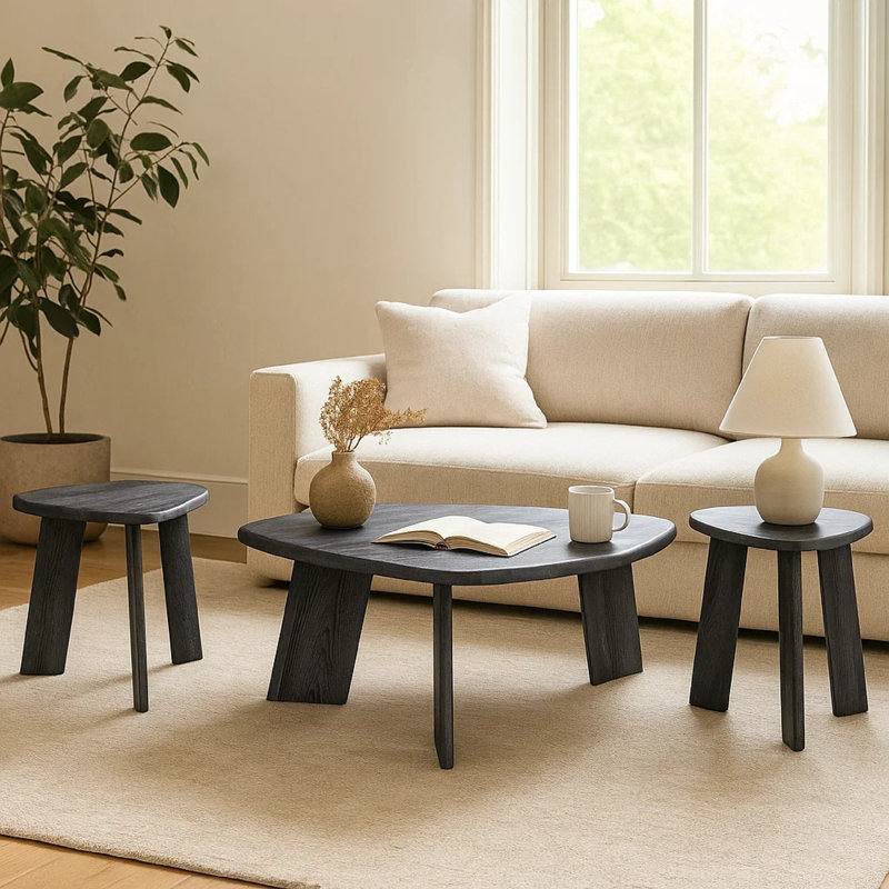 Ensemble de table basse 3 pièces Bey, plateau en faux marbre gris, base à panneau géométrique