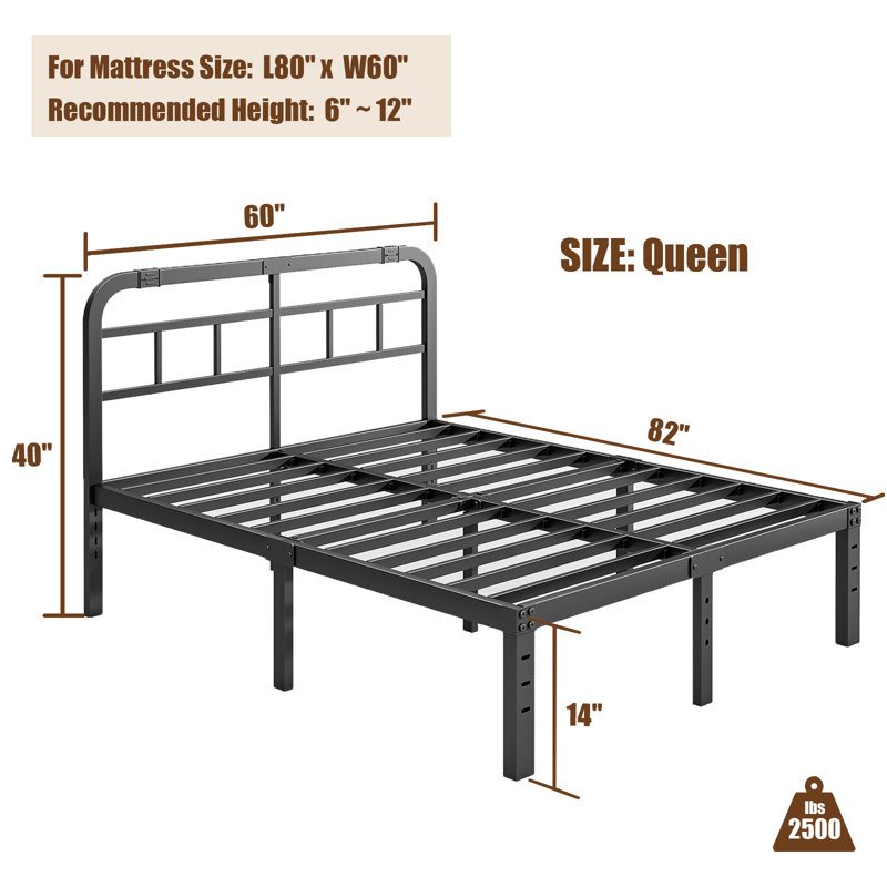 Nazarene Heavy-duty 14-inch Metal Iron Platform Bed with headboard, anti-sway, under-bed storage,Double Beds for Couples, Families , Perfect for Master Bedrooms & Shared Living Space,Queen