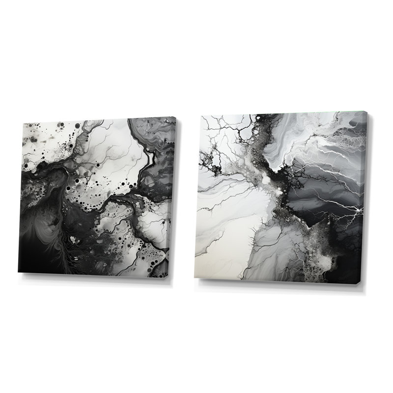 Encre liquide noire et blanche - Ensemble de 2 collages carrés à encre liquide abstraite, Toile tendue, H 30 po x l 61 po