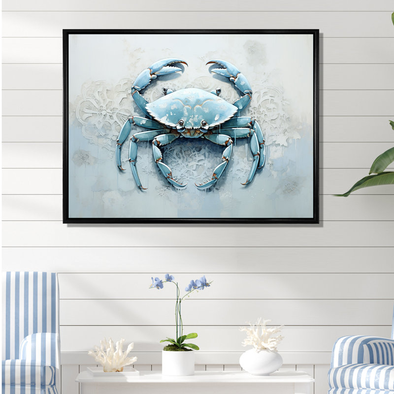 Minimalisme bleu crabe impression I - impression sur toile crabe, H 12 po x l 20 po x P 1 po, Cadre flottant noir