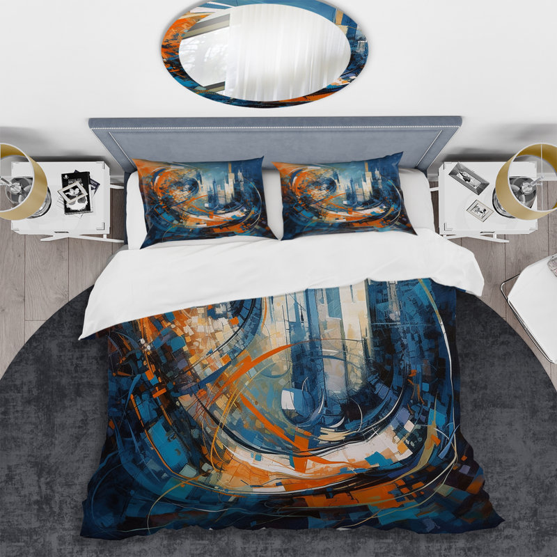 Ensemble de housse de couette en microfibre / polyester orange et bleu, Housse de couette pour grand lit et 2 taies décor