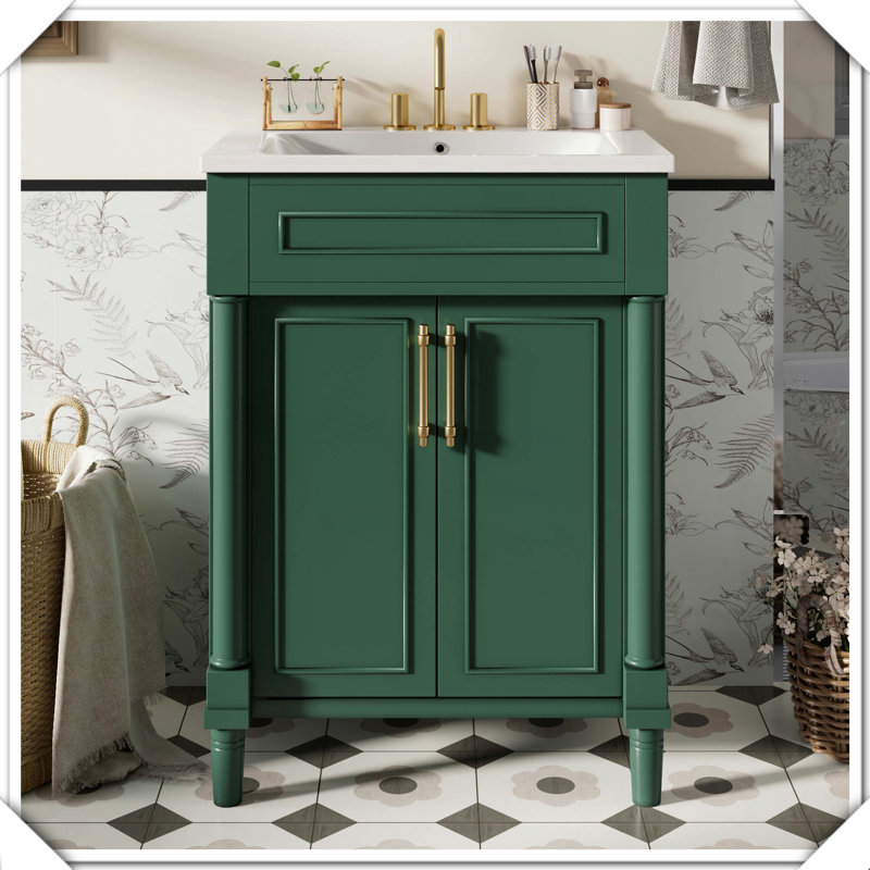 Meuble-lavabo simple avec portes d'armoire de salle de bain en céramique intégrée, Vert