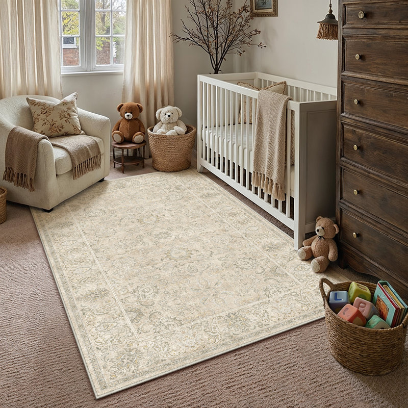 Tapis Elara Vintage Floral lavable à la machine avec envers antidérapant, Rectangulaire 3 pi x 5 pi, Beige