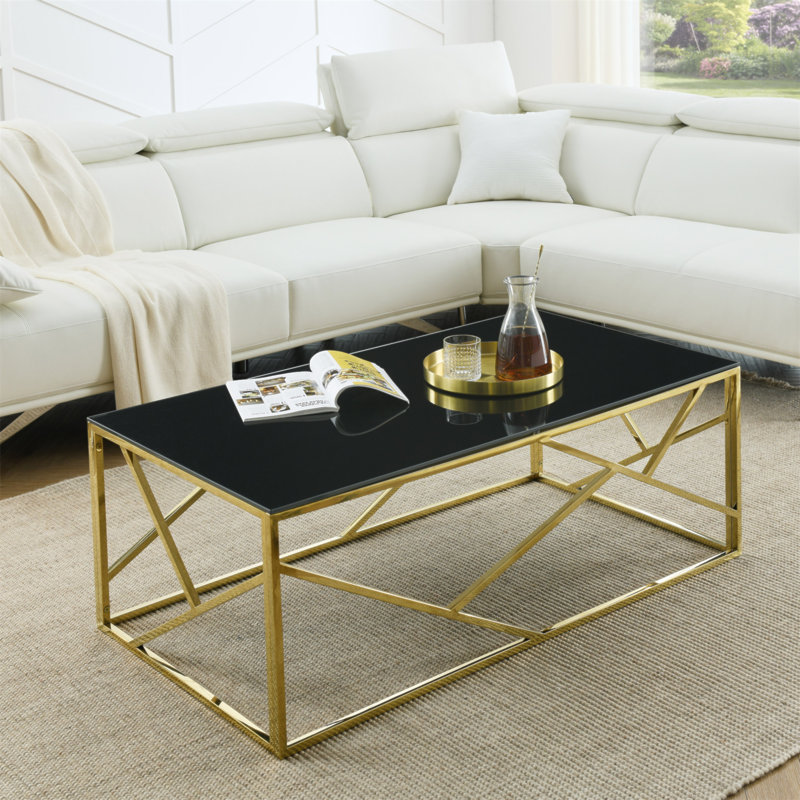 Table basse rectangulaire moderne avec plateau en verre trempé noir et structure en acier inoxydable pour la chambre à coucher - Doré