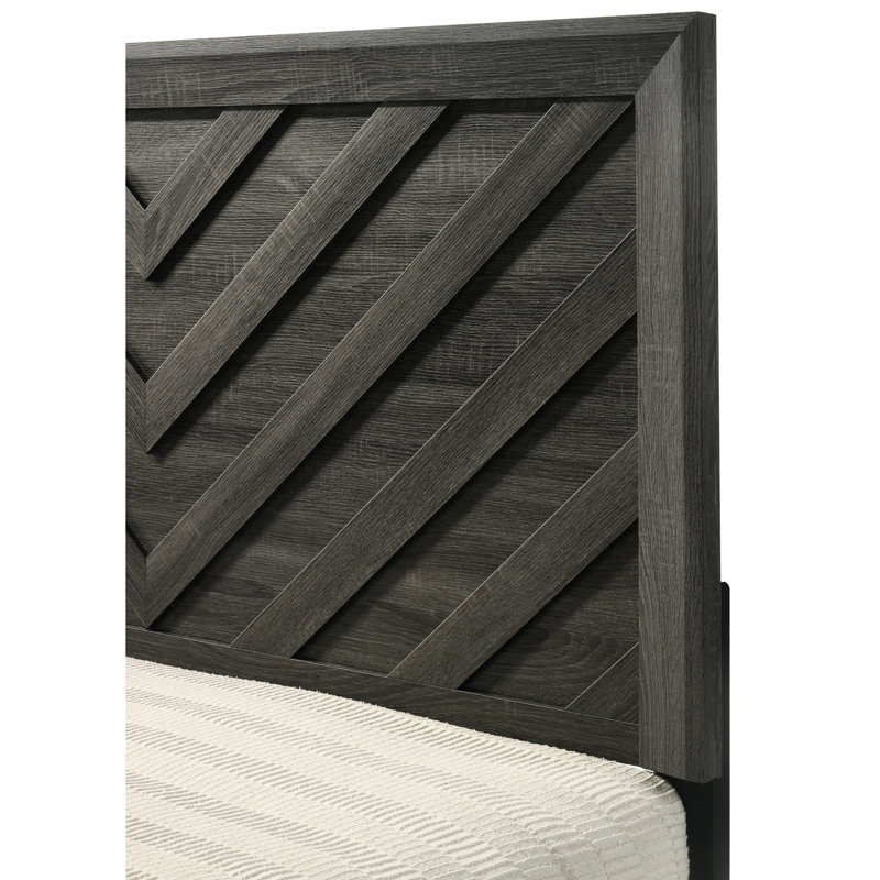 Lit double de style contemporain avec finition gris rustique, motif géométrique et structure de meuble de chambre à coucher en bois massif, pièce en bois