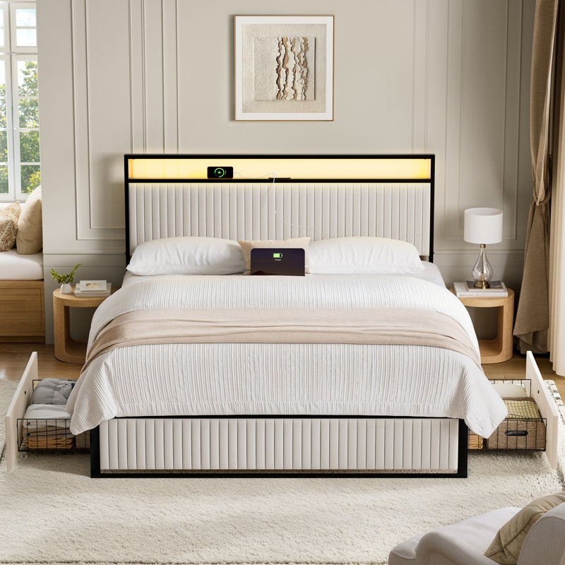 Antioch Upholstered Bed Frame with 2 Storage Drawers, Modern Platform Bed with Charging Station & LED Light, No Spring Box Needed