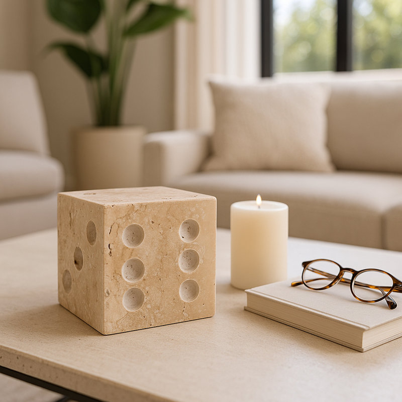 Natural Travertine Dice Sculpture For Home Decor - Shelf Or Desk Decorative Object Figurine Statue - Contemporary Decorations For Living Room - 4", Tan