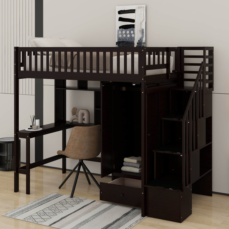 Lit mezzanine simple avec bibliothèque, armoire, bureau et tiroirs, Espresso
