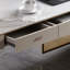 Bureau rectangulaire blanc / blanc + bois doré + bois manufacturé + Barenia avec 6 tiroirs-218204320