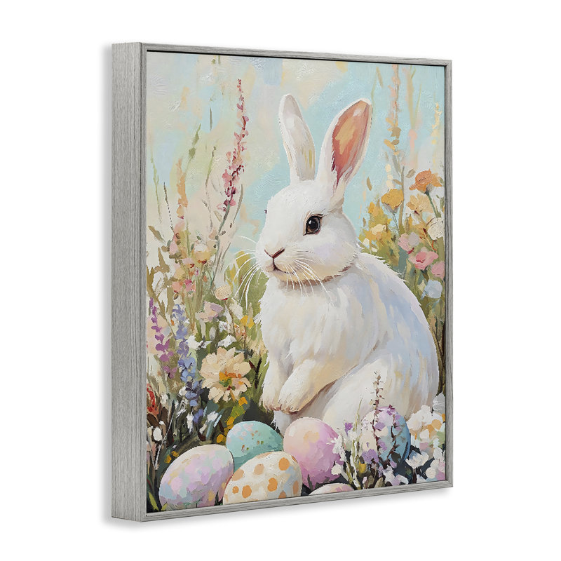 Lapin de Pâques blanc en fleurs giclées encadrées, design par The Prints Vibe, 14 x 11, Farmhouse Grey Giclee Framed