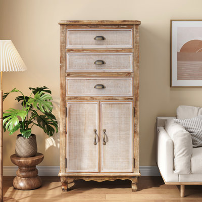 Armoire de rangement rustique en bois avec porte découpée décorative et 3 tiroirs, grand organisateur étroit pour le salon et la chambre à coucher (blanc antique)