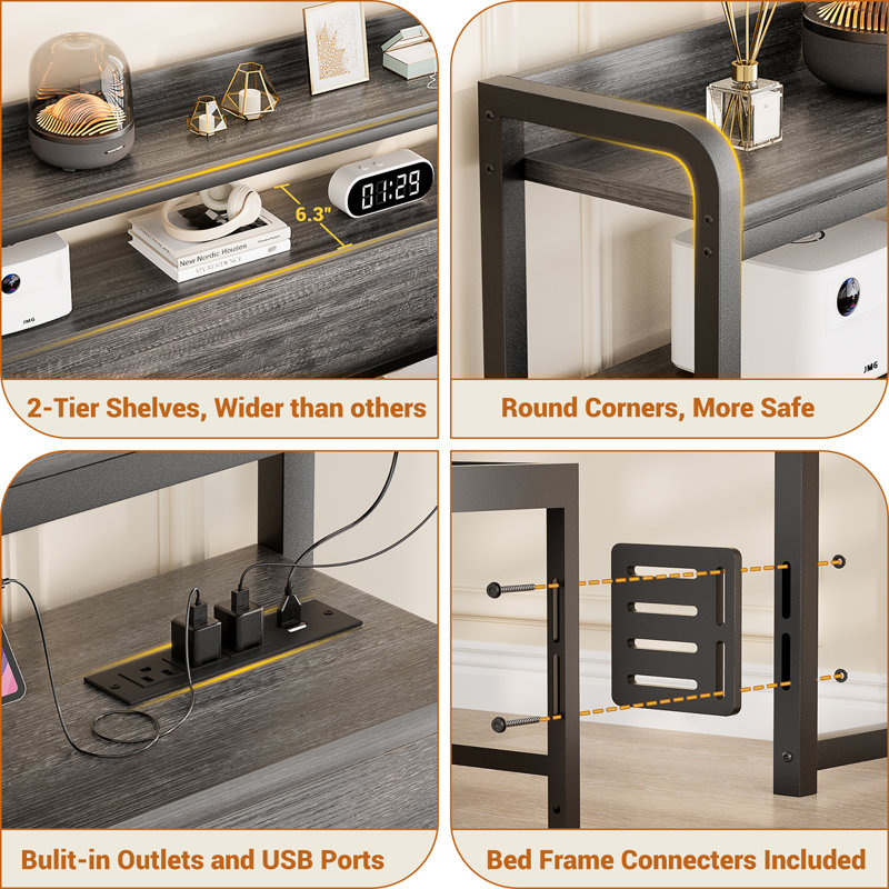 Têtes de rangement avec prises, ports USB et lumière DEL, Gris, Grand