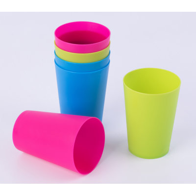 7 oz Reusable Plastic Drinking Tumblers, 6-Piece Kids Party Cup Set, Assorted Red Green Blue, Two of Each for Home Meals Picnics Outdoor Use