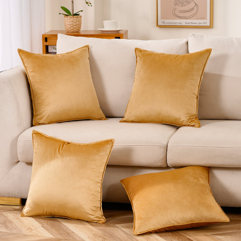 Set Of 4 Throw Velvet Cushion Covers, 18"H x 18"W, Gold