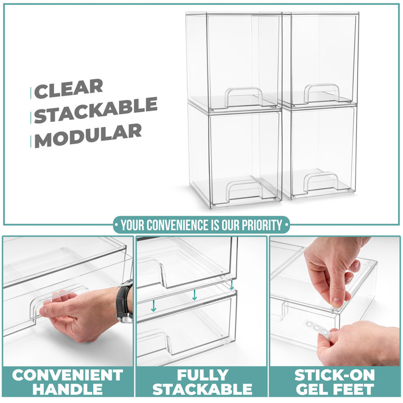Sorbus Acrylic Storage Containers with Pull-Out Drawers - 4 Pack, 7.6” Tall Clear Stackable Storage Bins Set for Bathroom Organization