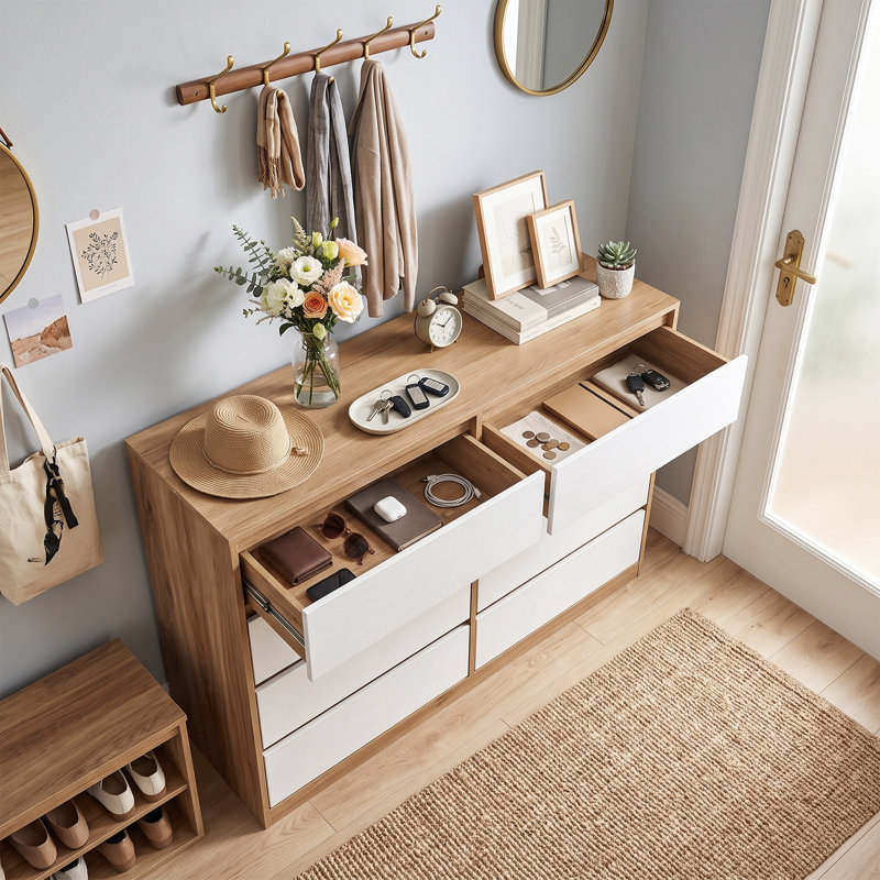 Commode 8 tiroirs 47,24 pouces sans poignée, Chêne