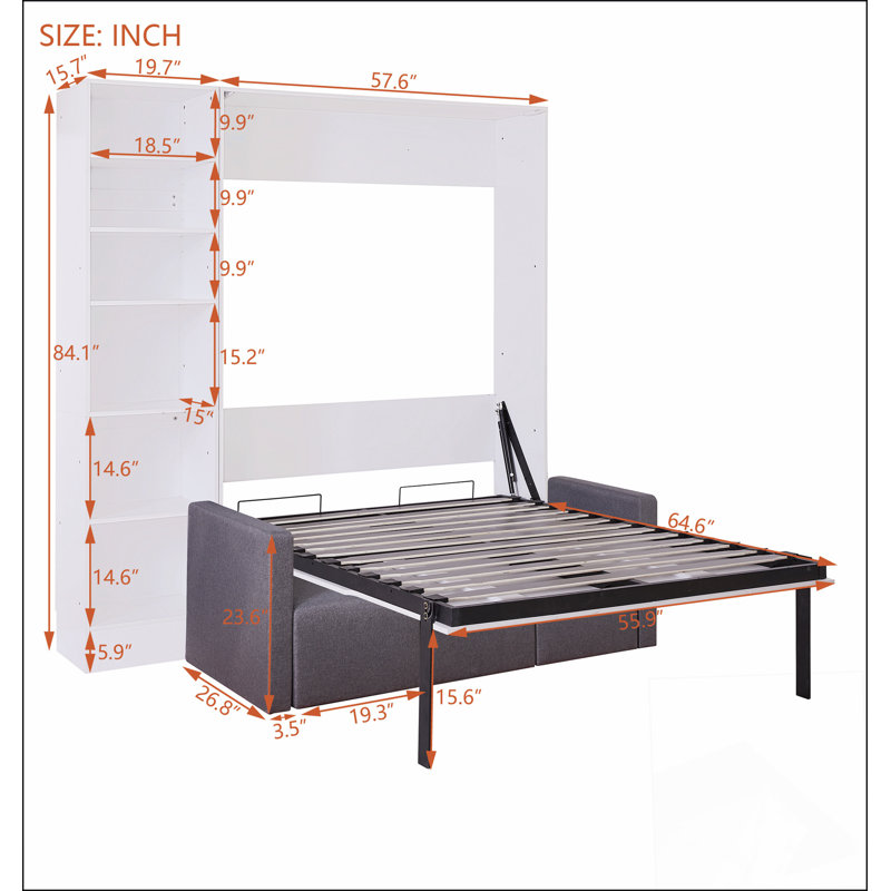 Lit escamotable double pleine grandeur avec canapé et tablettes, blanc, Double