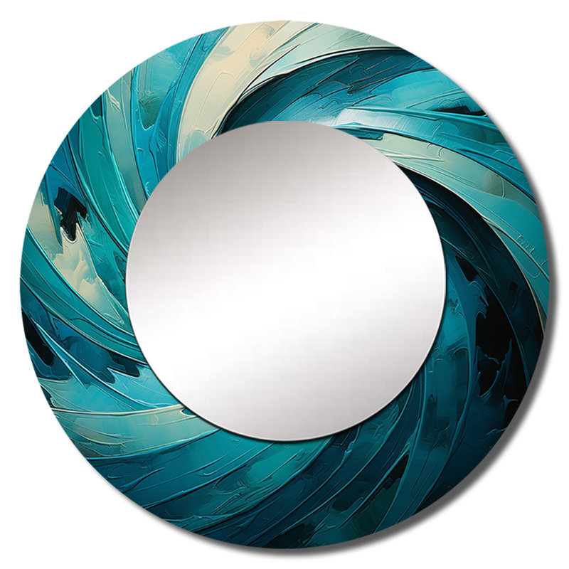 Teal Majestic Motion II - Abstract Spirals Mirror, Blue Round Decorative Wall Mirror, Printed Metal Art, 23" x 23"