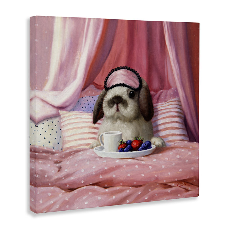 «Adorable House Bunny Rabbit déjeuner au lit rose» par Lucia Heffernan - impression, H 17 po x l 17 po