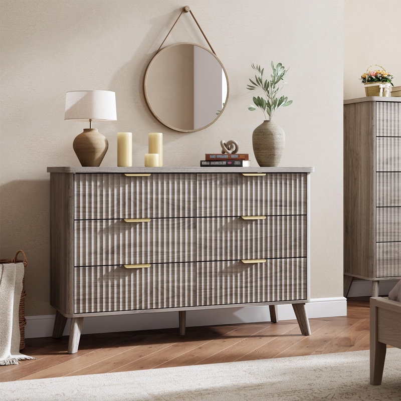 Fluted 6 Drawer Dresser, Curved Profile Design 47.2" Wide Wooden Chest & TV Stand for Bedroom Living Room, Gray