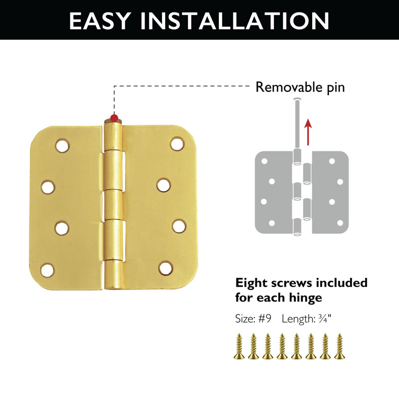 Satin Brass 4-Inch Door Hinges with 5/8-Inch Radius, 3-Pack