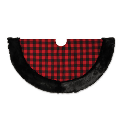 48 in. Buffalo Plaid and Black Fux Fur Trim Tree Skirt