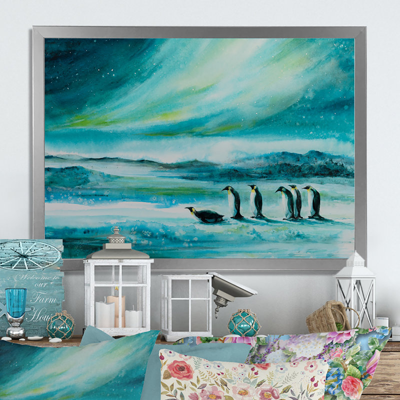 «Penguins Ice Landscape», impression sur toile encadrée, H 16 po x l 32 po x P 1,5 po, Cadre photo argenté