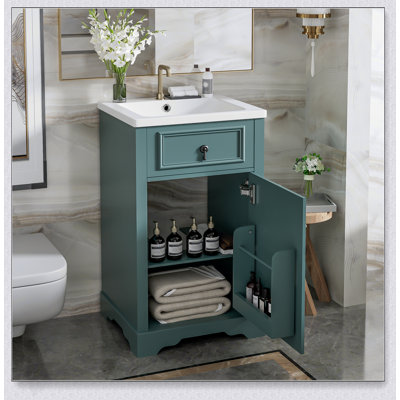 Meuble-lavabo de 20 pouces avec lavabo en céramique, porte à fermeture douce, tablette réglable et support de rangement fixé à la porte - idéal pour les petites salles de bain