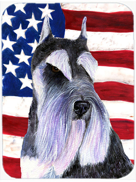 Planche à découper en verre « American Flag » aux États-Unis avec schnauzer