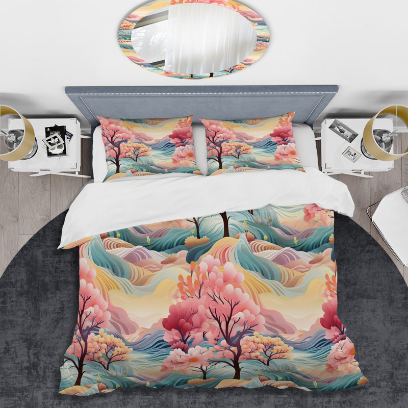 Ensemble de housse de couette rose et bleu, Housse de couette pour grand lit et 2 taies décor