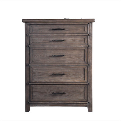 Mobilier de chambre à coucher à panneau à 5 tiroirs de style transitionnel avec finition brune et commode à 1 tiroir