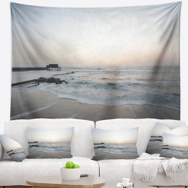 Plage bleu serene avec tapisserie soleil blanc, H 50 po x l 60 po
