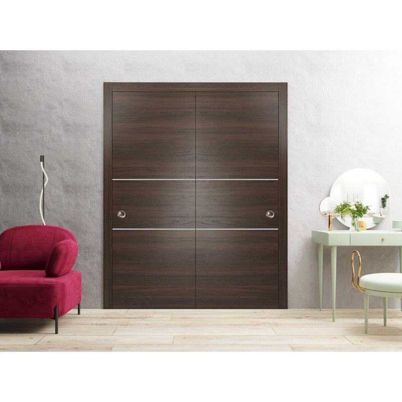 Panelled Wood Finish Sliding Closet Doors, Chocolate Ash, 64" x 84"