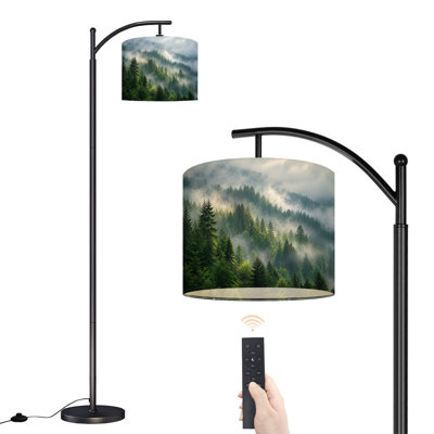 Lampe sur pied en arc avec abat-jour réglable, motif forêt et arbres, 3 températures de couleur, intensité variable, avec interrupteur au pied, idéal pour la chambre.