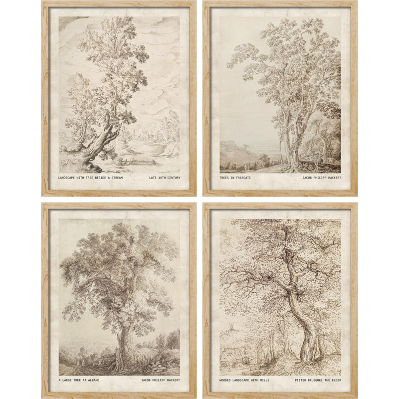 Croquis de paysage rétro, arbre antique encadré sur papier, impression de 4 pièces, Naturel, H 16 po x l 12 po