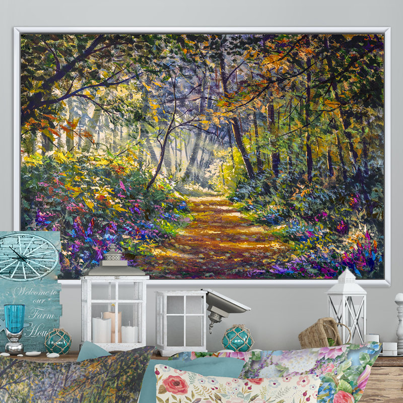 «Green Yellow Summer In Forest», reproduction sur toile flottante, H 16 po x l 32 po x P 1 po, Cadre flottant blanc