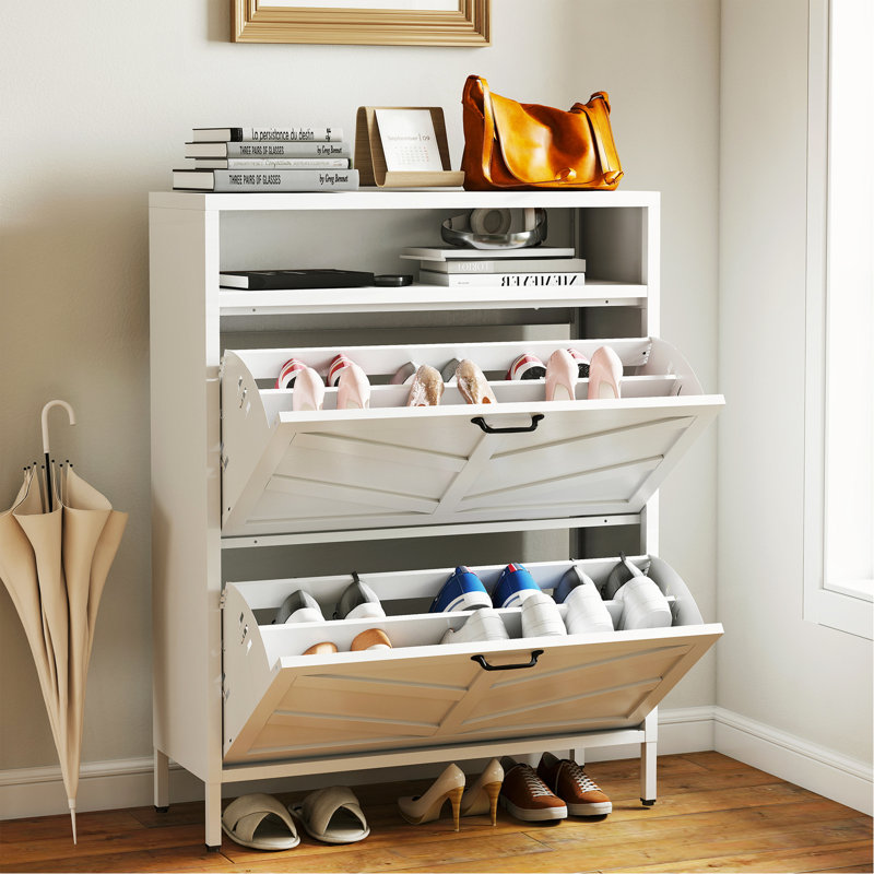 Metal Shoe Cabinet White - 2 Flip Drawers +Open Storage Layer Rack, Slim 11.8"D Freestanding Steel Shoe Organizer, Anti-Tip Hidden Entryway Shoe Rack