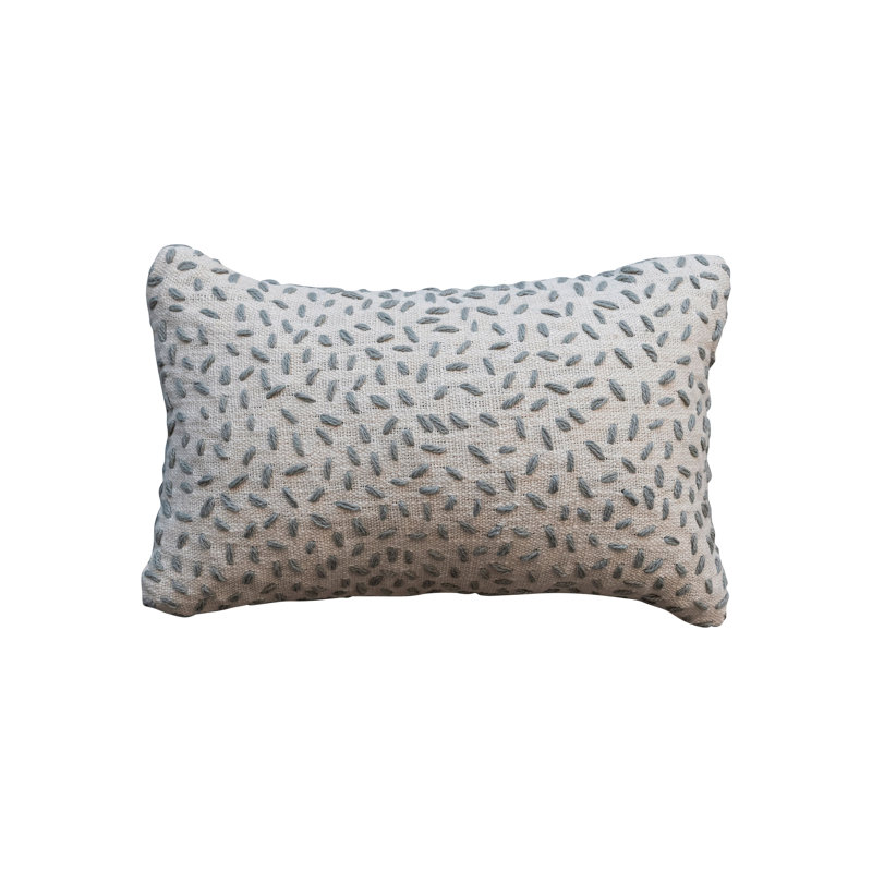 Natural and Green Hand-Embroidered Cotton Kantha Lumbar Pillow