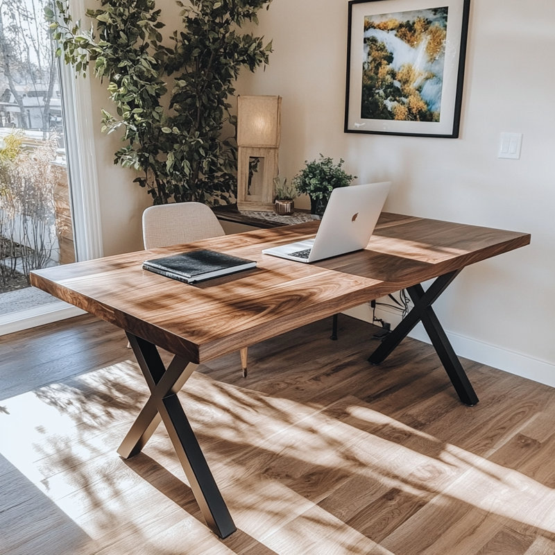 Solid Walnut Office Desk - Chunky X Legs, 76cm H x 220cm W x 100cm D
