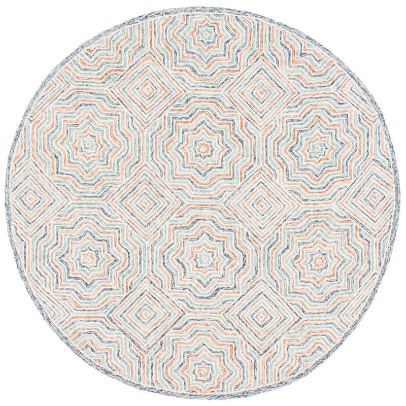 Tapis bleu / rouille en laine touffeté à la main Daly, Rond 7 pi
