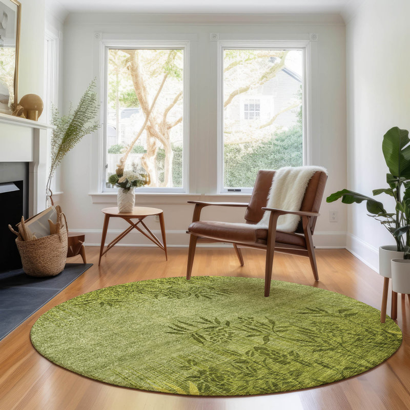 Premium Machine Washable Prisco Olive Rug, Round 8'