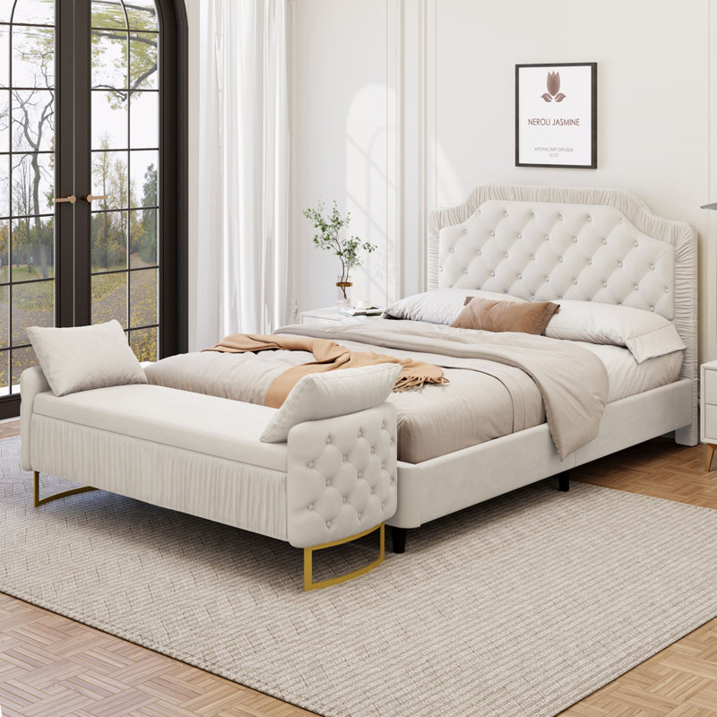 Ensemble de chambre à coucher 2 pièces avec cadre de lit rembourré en velours capitonné et capitonné, Blanc, Très grand