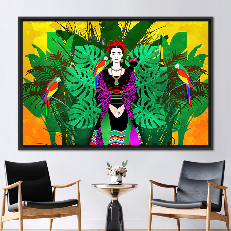 Frida Kahlo Parrot Themed Wall Art - Famous Canvas Print Gift, Framed Print without Mat, Black, 40 cm H x 60 cm W