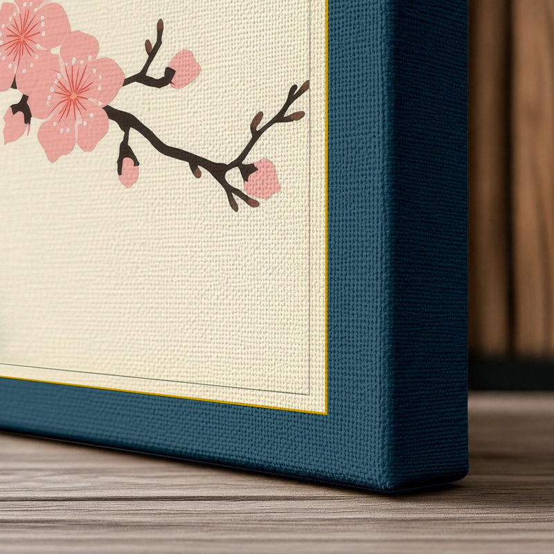 Cherry Blossom Branch Japandi - Wrapped Canvas, 24x16 - 61.0 x 40.6 cm, Teal Border