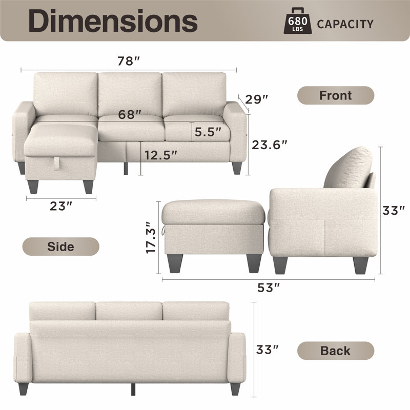 Canapé modulaire réversible avec repose-pieds Adelyna, Mélange de lin beige