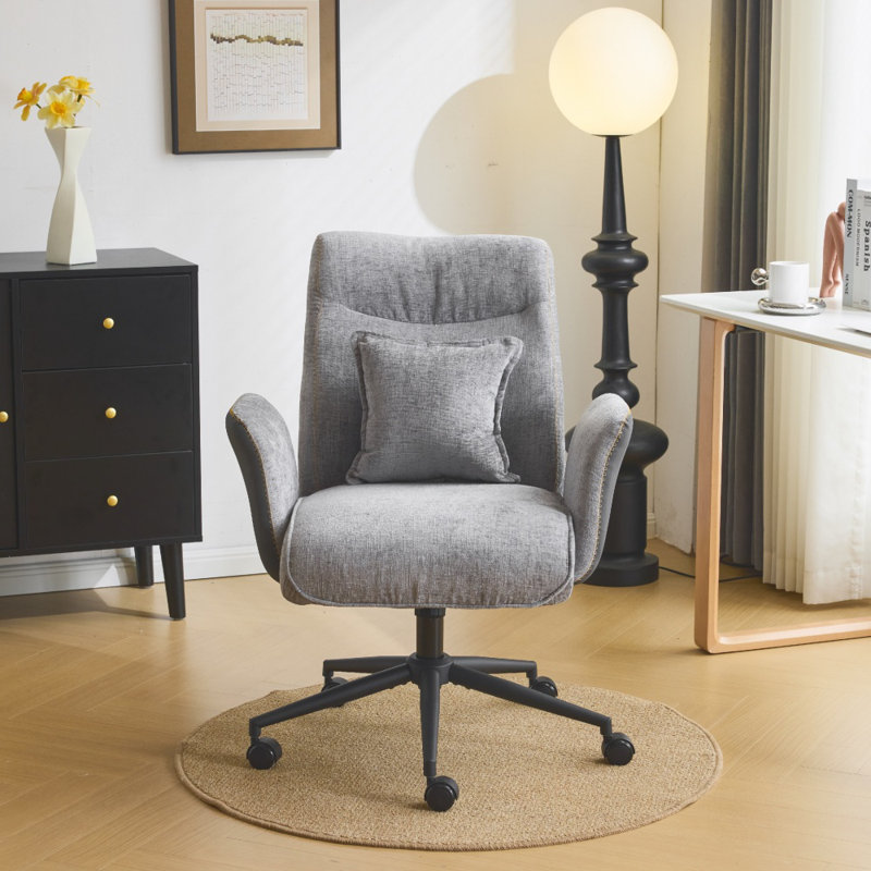 28.3” W Chenille Dovetail Swivel Office Chair With Wheels, Gray