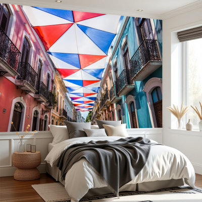 Wall Mural Peel and Stick Wallpaper Large flag Puerto Rico street city center San Juan Self-Adhesive Removable Contact Paper Wall Decor for Living Room Bedroom 69"H x 96"W